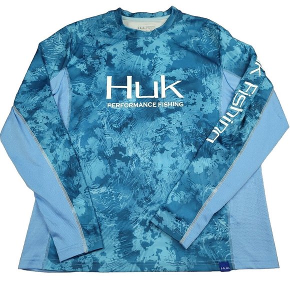 HUK Mens S T-Shirt Performance Fishing Long Sleeve Angler Blue Long Sleeve Mesh‎ - Picture 1 of 13